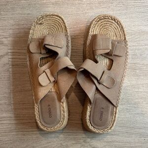 Oshko Tan Suede Espadrille Slide Sandals with Adjustable Straps
